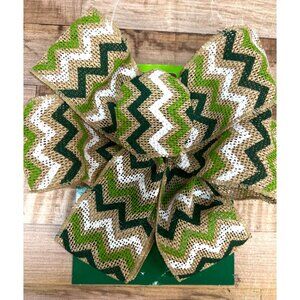 2 Wired Burlap Chevron Craft Bow Green White Natural Decorative Ribbon St. Pat's
